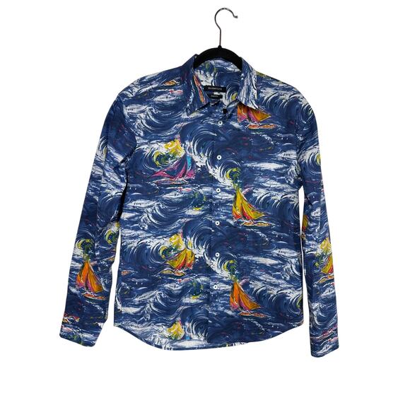 Bugatchi Men's Sailboat Ocean Storm Print Button Up Shirt Long Sleeve Blue M * - Picture 1 of 13